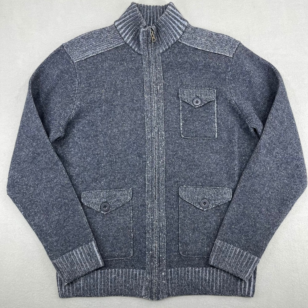 Blue Pronto Uomo Mens XL Full Zip 100% Wool Mock Neck Sweater Blue Marl Pocketed